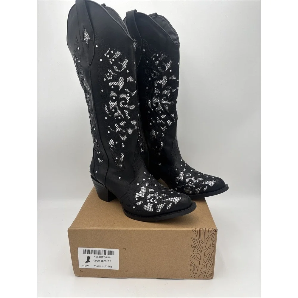 Rhinestone Crystal Women's Cowboy Boots- Mid Calf To Knee High Size 7.5